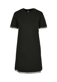 Rochie neagră cu mâneci scurte și decolteu rotund, cu tiv transparent cu buline pe mâneci și margine.