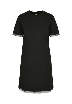 Robe noire à manches courtes avec encolure ronde, bordure transparente à pois sur les manches et l'ourlet.