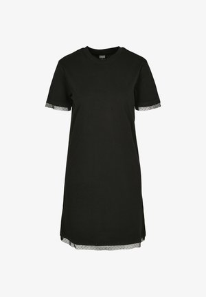 Crna haljina kratkih rukava s okruglim izrezom, s prozirnim točkastim rubom na rukavima i rubu.