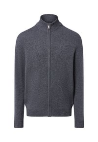 Cardigan zippé intégral en tricot gris foncé avec un col haut à côtes, des manches longues et des poignets et un ourlet à côtes.