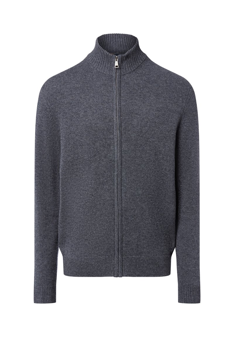 Cardigan zippé intégral en tricot gris foncé avec un col haut à côtes, des manches longues et des poignets et un ourlet à côtes.