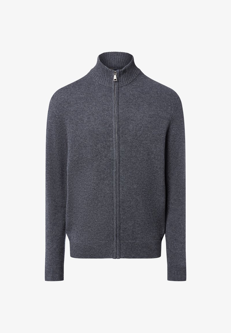 Cardigan zippé intégral en tricot gris foncé avec un col haut à côtes, des manches longues et des poignets et un ourlet à côtes.