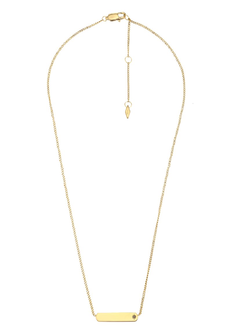 Collana in catena placcata oro con pendente rettangolare, caratterizzata da una superficie liscia e un piccolo accento a stella su un lato.