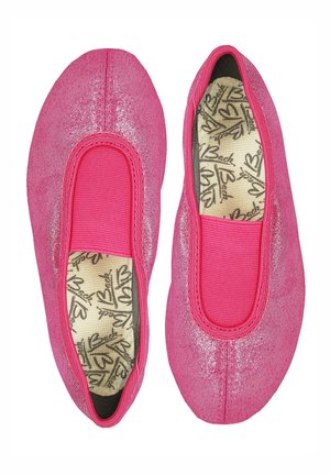 Rosa Slipper-Ballettschuhe mit glitzerndem Finish, elastischem Rand und einer strukturierten Innensohle mit Herzmuster.
