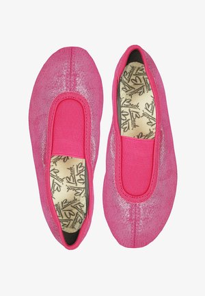 Rosa Slipper-Ballettschuhe mit glitzerndem Finish, elastischem Rand und einer strukturierten Innensohle mit Herzmuster.