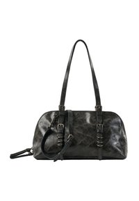 Sac à main en cuir noir avec une forme arrondie, deux anses pour l'épaule et des accessoires en métal argenté. Présente une surface texturée et une fermeture éclair.