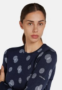 Blå långärmad skjorta med ett prickigt mönster i ljusgrått. Har rund halsringning och "Icebreaker"-logotypen på ärmen. Mjuk textur.