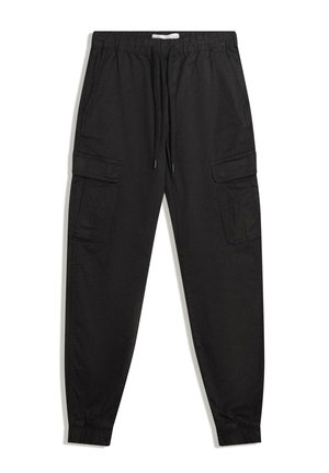 Pantaloni jogger cargo neri con vita elastica, cordino, tasche a soffietto sui lati e polsini elastici.