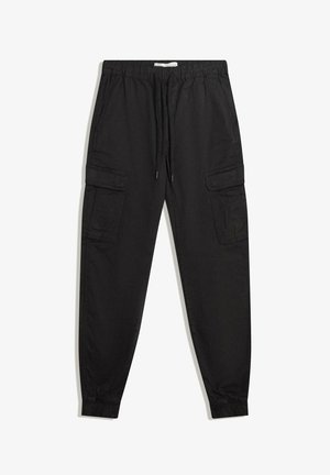 Schwarze Cargo-Jogginghosen mit elastischem Bund, Kordelzug, Klapptaschen an den Seiten und elastischen Bündchen.