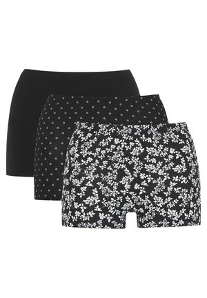 Drie paren zwarte shorts: één effen, één met kleine witte stippen en één met een bloemenpatroon in het wit. Zachte stof, middellange taille.