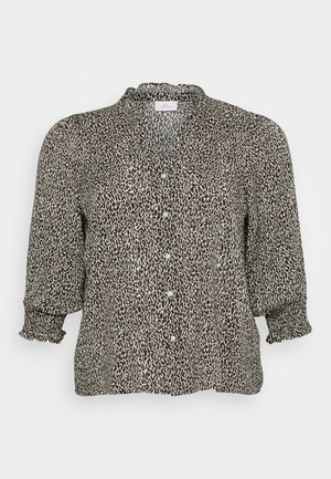 Leopard print blouse in brown and cream, lightweight fabric, button-down front, short puff sleeves with gathered cuffs, collar detail.