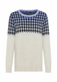 Heller Pullover mit rundem Ausschnitt. Mit einem Hahnentrittmuster in Marineblau und Blau an der Oberseite, weicher Textur und gerippten Bündchen.