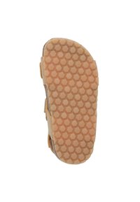 Lichtbruine sandaalzool met een honingraatpatroon voor grip. Gemaakt van rubber, met minimale stiksels en een afgeronde teenontwerp.