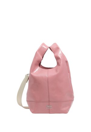 Bolso de mano de cuero rosa suave con asa triangular redondeada y correa de hombro ajustable beige, con la marca "Bimba y Lola" en la parte inferior frontal.