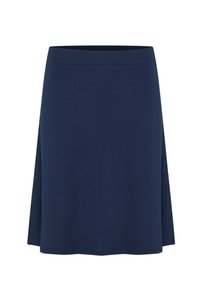 Navy-blauer Jerseykilt in ausgestellter Form, mit glatter Textur und breitem Bund. Der Saum ist leicht abgerundet, ohne sichtbare Muster oder Akzente.