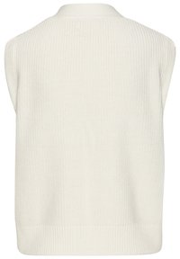 Weißer gestrickter ärmelloser Pullover mit gerippter Struktur, runder Halsausschnitt und gerader Silhouette. Keine sichtbaren Verschlüsse.