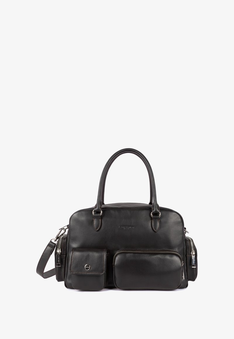 Borsa a mano in pelle nera con doppi manici, tracolla staccabile, due tasche con zip frontali e logo discreto. Texture liscia.