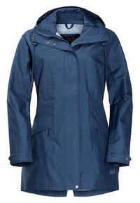 Veste imperméable bleu marine avec capuche, fermeture éclair, deux poches avant, poignets ajustables et cordon de serrage à la taille pour un ajustement confortable.