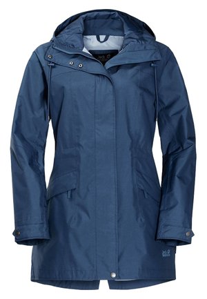 Navy blue waterproof jacket with a hood, zip closure, two front pockets, adjustable cuffs, and drawstring at the waist for a snug fit.