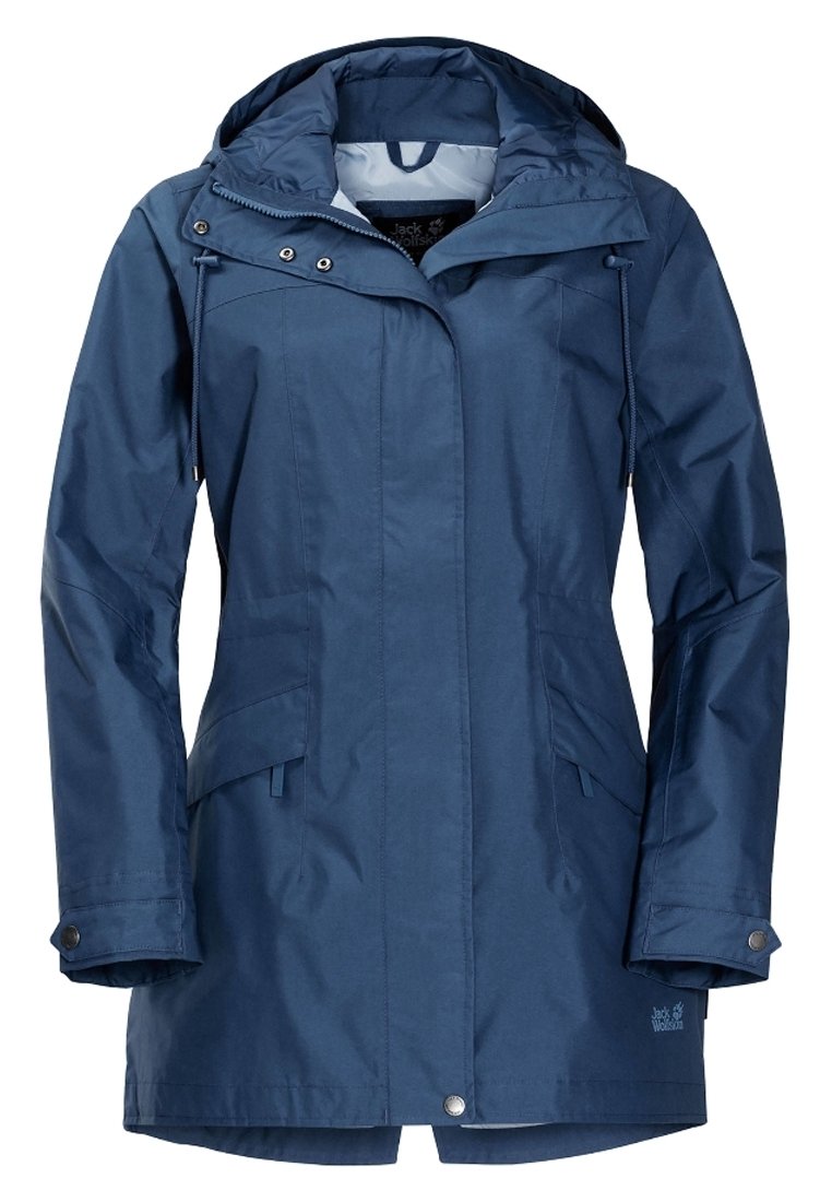 Veste imperméable bleu marine avec capuche, fermeture éclair, deux poches avant, poignets ajustables et cordon de serrage à la taille pour un ajustement confortable.