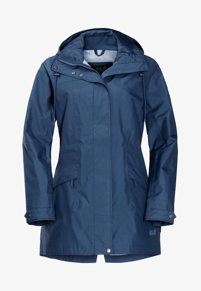 Navy blue waterproof jacket with a hood, zip closure, two front pockets, adjustable cuffs, and drawstring at the waist for a snug fit.