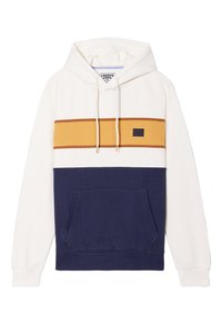 Sudadera con capucha en rayas crema, azul marino y mostaza. Cuenta con un bolsillo tipo canguro, capucha con cordón y una etiqueta de tela texturizada.