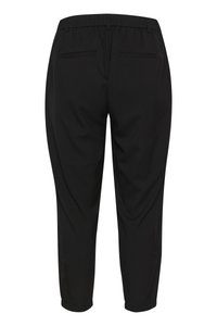 Pantalons fuselés noirs avec une taille élastique, deux poches arrière et une texture lisse. Le design présente une forme simple et épurée.