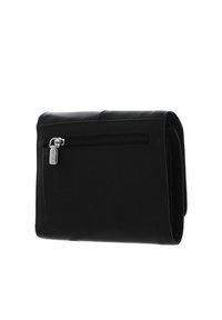 Portefeuille en cuir noir à texture lisse, doté d'un compartiment zippé et d'un design plié. Comprend des détails de couture subtils.