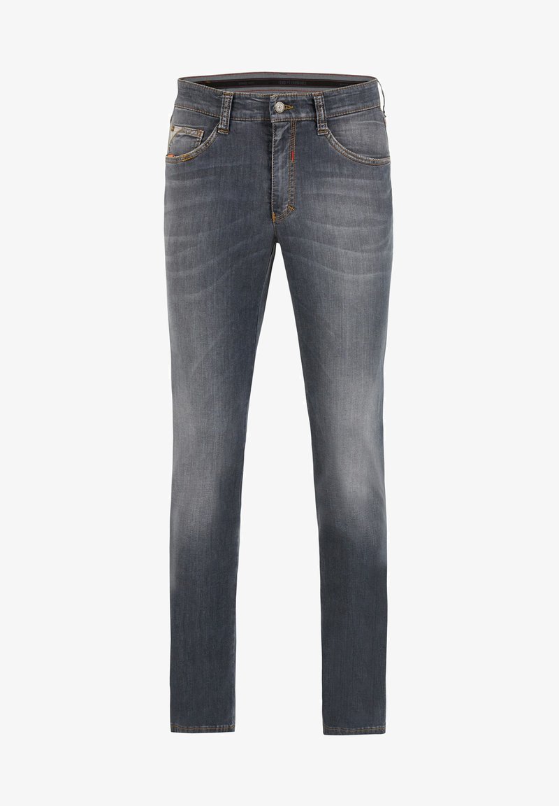 Grey denim jeans with a straight fit, featuring five pockets, a zip fly, and contrast stitching along the seams. Smooth texture.