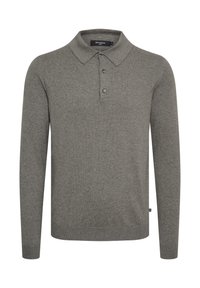 Polo shirt grigio a maniche lunghe realizzato in morbido tessuto, con colletto classico, patta con bottoni e finitura testurizzata. Design minimalista.