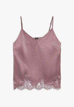 Caraco en satin mauve avec bretelles spaghetti réglables et bordure en dentelle festonnée le long de l'ourlet.