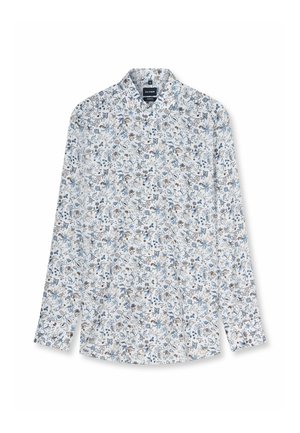 Camicia bianca a maniche lunghe con bottoni, motivo floreale e di foglie blu e marrone, colletto aperto e etichetta OLYMP all'interno del colletto.