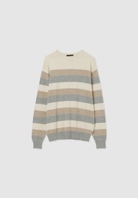 Maglione a righe realizzato in tessuto morbido, con righe orizzontali alternate in beige, grigio chiaro e grigio scuro; scollatura rotonda e polsini a coste.