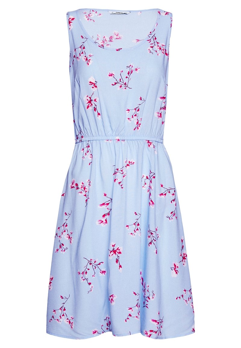 Světle modré šaty bez rukávů s elastickým pasem, zdobené květinovým vzorem v růžové, červené a bílé barvě. Hladká látka s jemným splýváním.