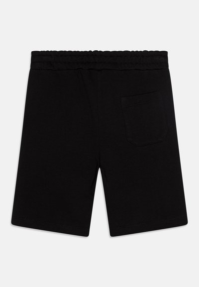 Black cotton shorts featuring an elastic waistband and a single back pocket. Shorts have a smooth texture and mid-thigh length.