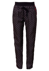 Svarta byxor med små blommönster, elastisk midja med dragsko, smalnar av vid ankeln, tillverkade av ett mjukt och glatt tyg.