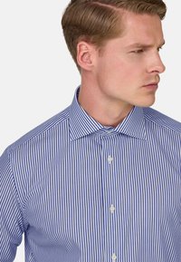 Camisa de botones a rayas azul y blanca con cuello clásico y cierre de botones estándar, confeccionada en una tela suave.