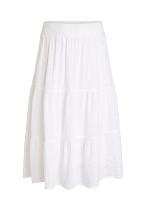 Falda midi blanca de varios niveles con cintura elástica fruncida y tejido texturizado sutilmente floral.