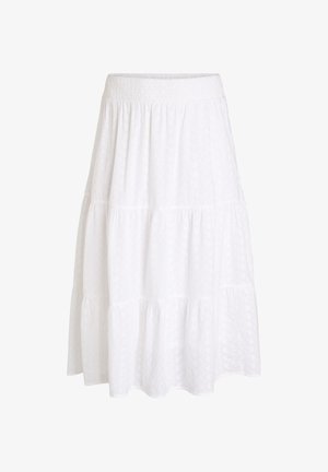 Witte, gelaagde midirok met elastische, gerimpelde tailleband en subtiele bloemmotieven in de textuur van de stof.