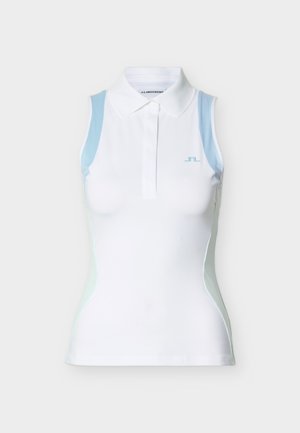 Λευκό πόλο μπλουζάκι χωρίς μανίκια με ανοιχτό μπλε διχτυωτές πλαϊνές πιέτες και μικρό μπλε λογότυπο στο αριστερό στήθος.