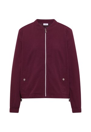 Veste bomber bordeaux avec fermeture éclair à l'avant, deux poches latérales à boutons-pression, poignets élastiques et col montant, fabriquée en tissu texturé.