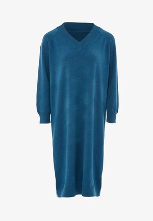 Türkises Strickkleid mit V-Ausschnitt, dreiviertelärmeln und gerippten Bündchen. Sanfte Textur und knielanger Schnitt mit lockerer Passform.