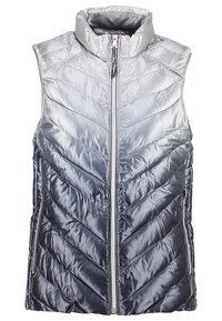 Grå, ärmlös puffer-väst med hög krage, med ett chevron-mönster, dragkedjestängning och sidofickor. Slät, glänsande textur.