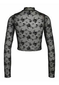 Fekete, hosszú ujjú, crop top áttetsző virágos csipkéből, texturált alapra varrva, fodros magas nyakkal és testhez simuló ujjal.