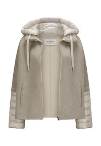 Beige Sweatjacke mit gepolstertem Kapuzen- und Ärmelbereich. Verfügt über einen Reißverschluss vorne, eine weiche Textur und zwei seitliche Taschen. Gesteppt Akzente an den Ärmeln.