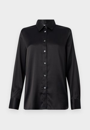 Zwarte satin lange mouwen shirt met een kraaghals, knoopsluiting aan de voorkant en mouwen met een enkele knoop. Gladde textuur met een iets ontspannen pasvorm.