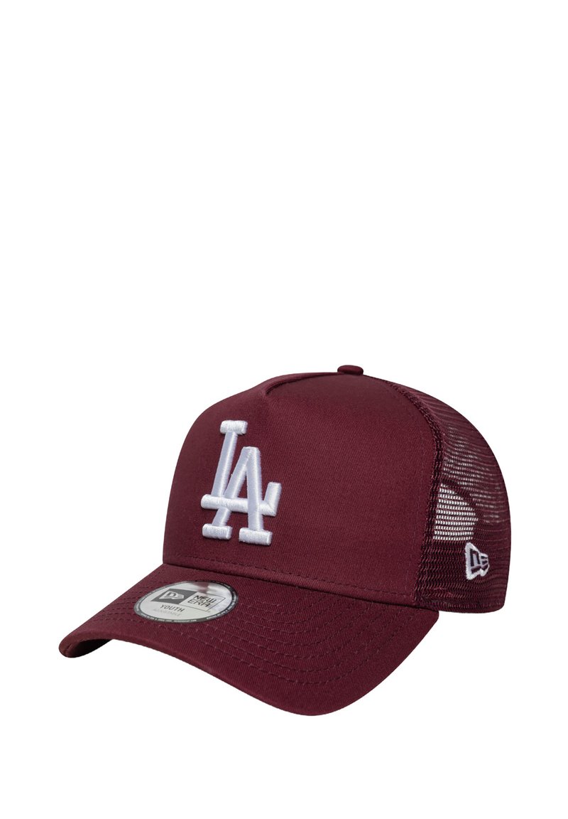 Bordeauxrotes Baseballcap mit weißem, gesticktem "LA"-Logo. Verfügt über einen gebogenen Schirm und ein Netzteil für Belüftung. Anpassbar für optimalen Sitz.