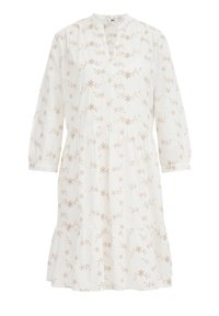 Vitt knälång klänning med beige blommönster, långärmade, V-ringning och ett lager-på-lager kjol.