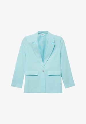 Jasnoniebieska marynarka z gładkiego materiału. Posiada klapę z wycięciem, długie rękawy, dwie przednie kieszenie oraz zapięcie na jeden guzik.