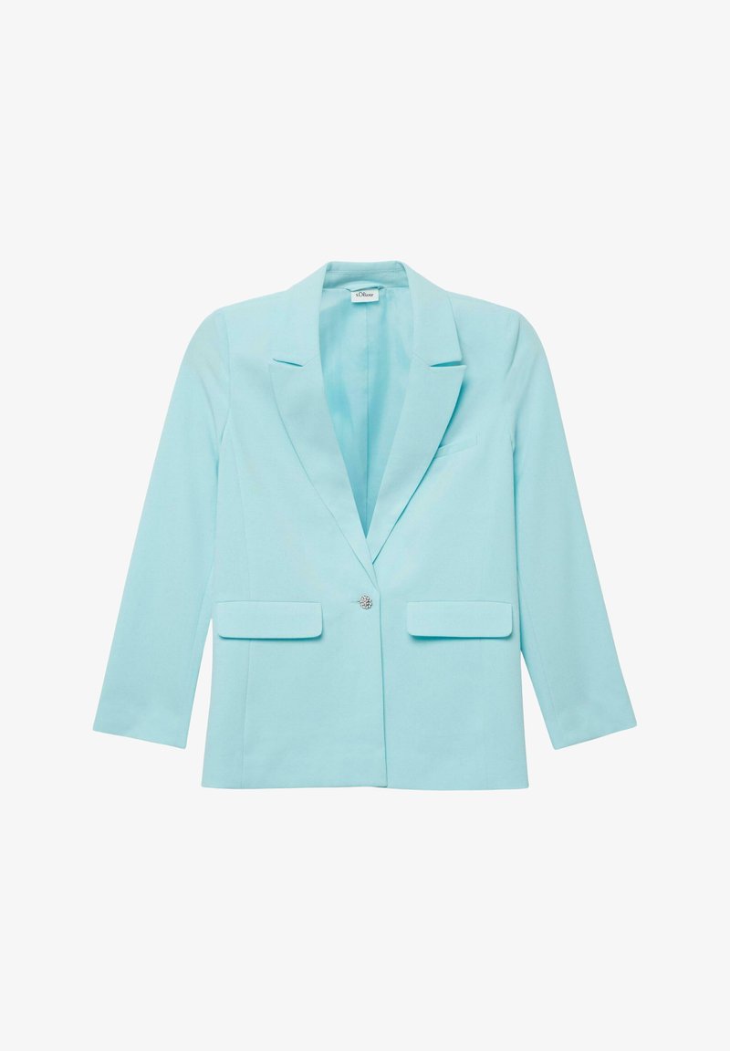 Blazer azul claro hecho de tejido liso. Presenta solapa con muesca, mangas largas, dos bolsillos delanteros y cierre con un solo botón.